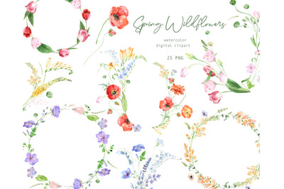 Watercolor Floral Digital Border Frames, wreaths and bouquets. Spring