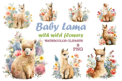 Baby Lama watercolor clipart with wildflowers