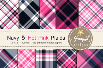 Navy and Hot Pink Plaid Digital Papers