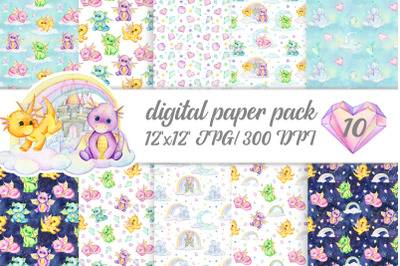 Cute dragons, Charming collection, watercolor cliparts, digital paper.