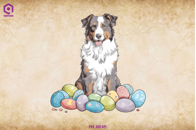Australian Shepherd dog With Easter Eggs