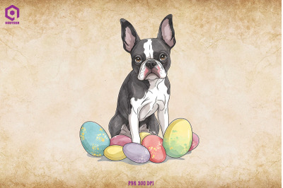 Boston Terrier dog With Easter Eggs