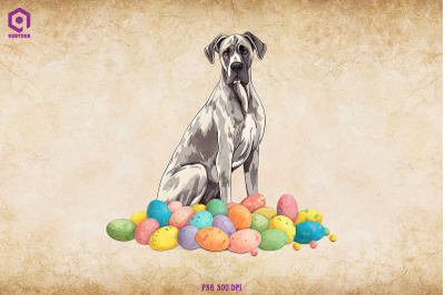 Great Dane dog With Easter Eggs