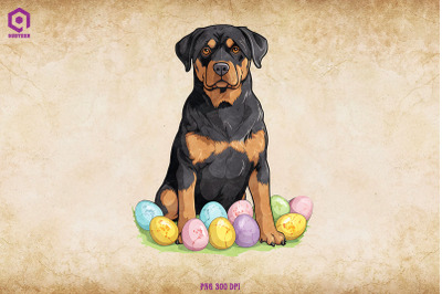 Rottweiler dog With Easter Eggs
