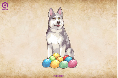 Siberian Husky dog With Easter Eggs