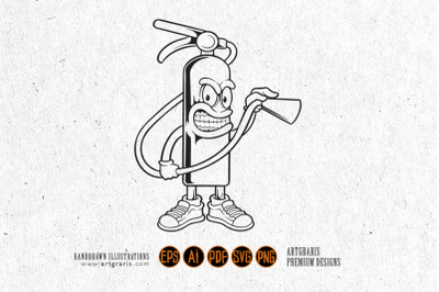 Funny cool angry fire extinguishers illustrations monochrome