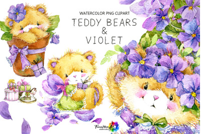 Teddy Bears and Violet flowers