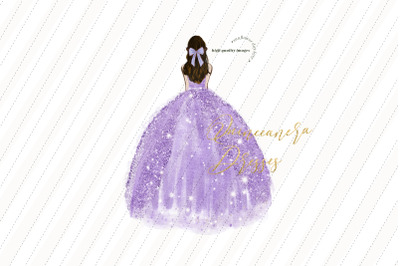 Purple Princess Watercolor Clipart, Purple Lilac Quinceaera