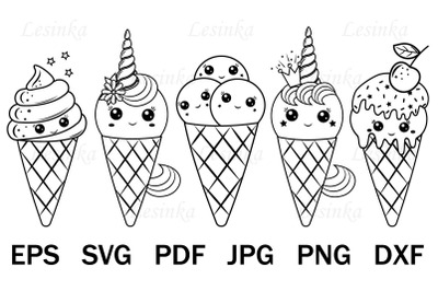 Kawaii ice cream set, svg-clipart, file for cutting