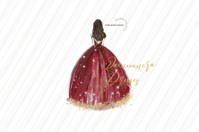 Elegant Burgundy Princess Clipart, Burgundy Red Wedding Dresses