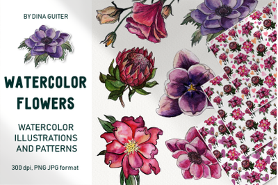 WATERCOLOR FLOWER CLIPART AND PATTERNS