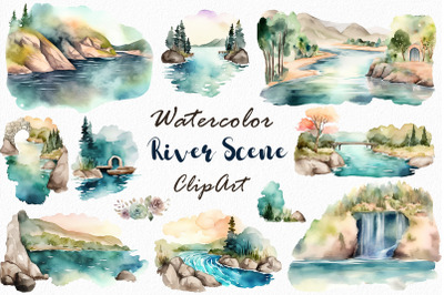Watercolor River Scene Clipart