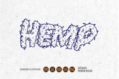 Weed hemp word lettering marijuana leaf smoke effect illustration mono