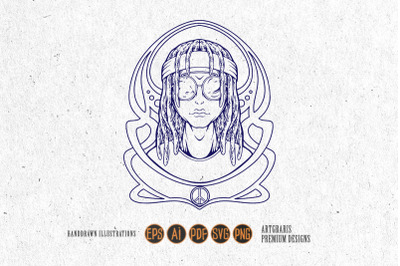 Funky hippie man peace dreadlock hair logo illustration monochrome