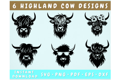 Highland Cow SVG Bundle, 6 Designs, Highland Cow PNG, Highland Cow DXF