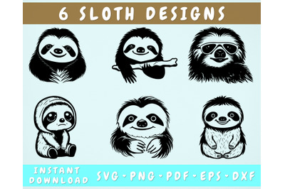 Sloth SVG Bundle, 6 Designs, Sloth PNG, Sloth Clipart