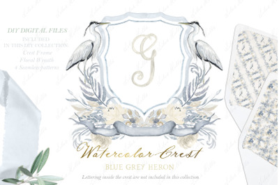 Grey Blue Heron Wedding Watercolor Family Crest DIY