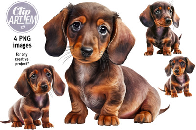 Dachshund Sausage Puppies 4 PNG Clip Art Painting Images Set Digital P