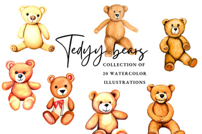 Watercolor cute teddy bears, Watercolor teddy bears clipart