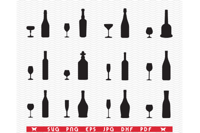 SVG Wine Bottles and Glasses, Black silhouettes, Digital clipart