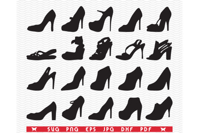 SVG Women Shoes, Isolated Black Silhouettes, Digital clipart