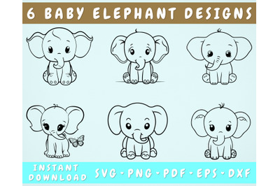 Baby Elephant SVG Bundle, 6 Designs, Cute Little Elephant Clipart