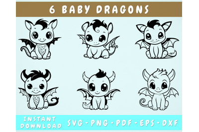 Baby Dragons SVG Bundle, 6 Designs, Little Dragons PNG, Dragon Clipart