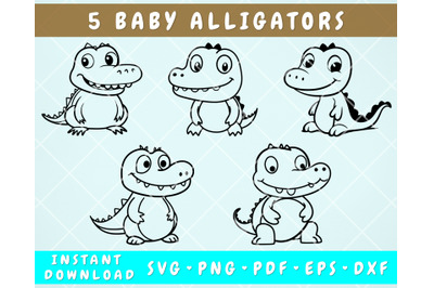Baby Alligators SVG Bundle, 5 Designs, Baby Crocodile PNG