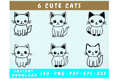 Cute Cats SVG Bundle, 6 Designs, Little Cats PNG, Cat Clipart