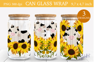 Sunflower Cow | 16 oz Libbey Can Glass Wrap Sublimation Design