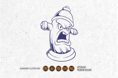 Angry classic fire hydrant firefighter logo illustrations monochrome