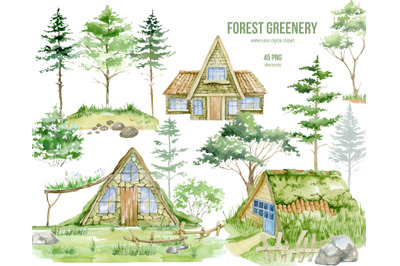 Watercolor Forest Clipart, Woodland pine trees, Cabin in the Wood