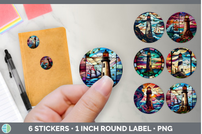 Stained Glass Lighthouse Stickers | Round Labels Designs Bundle