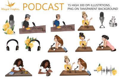Podcast and Podcasters set of 15 illustrations. 300 DPI transparent pn
