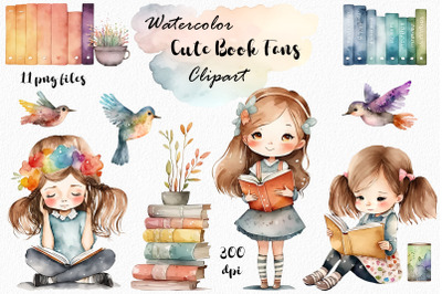 Watercolor Clipart of Cute Little Girls Reading Books
