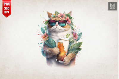 Summertime Cat Loves Beer Watercolor