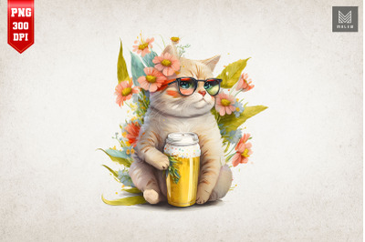 Summertime Cat Loves Beer Watercolor 2