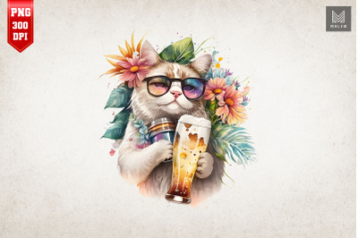 Summertime Cat Loves Beer Watercolor 3