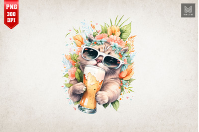 Summertime Cat Loves Beer Watercolor 4