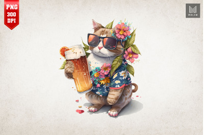 Summertime Cat Loves Beer Watercolor 6