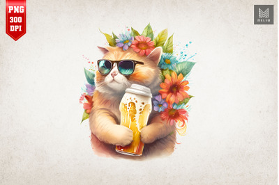 Summertime Cat Loves Beer Watercolor 8