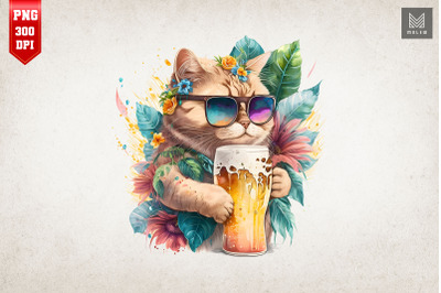 Summertime Cat Loves Beer Watercolor 9