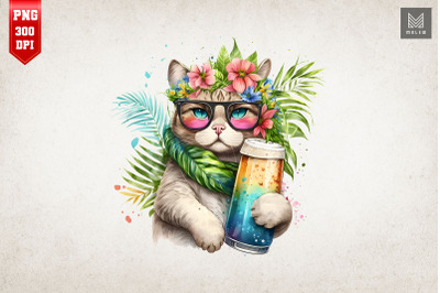 Summertime Cat Loves Beer Watercolor 11