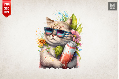 Summertime Cat Loves Beer Watercolor 12