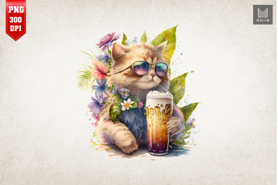 Summertime Cat Loves Beer Watercolor 15