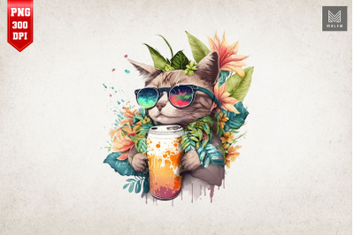 Summertime Cat Loves Beer Watercolor 16