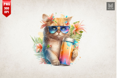 Summertime Cat Loves Beer Watercolor 17