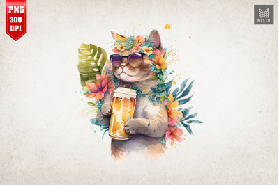 Summertime Cat Loves Beer Watercolor 18