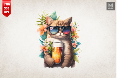 Summertime Cat Loves Beer Watercolor 20