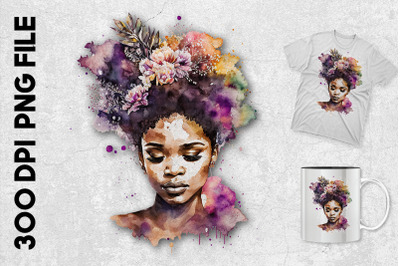 Watercolor Black Woman with Flowers